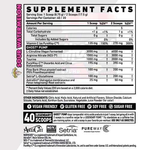 Ghost Pump V2 Sour Watermelon is a stimulant-free pre-workout supplement with 40 servings, featuring ingredients like L-Citrulline, Arginine Nitrate, and Pine Bark, suitable for vegan, gluten-free, soy-free, and sugar-free diets.