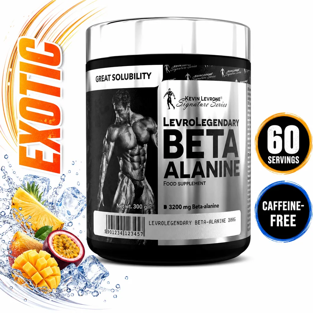 Kevin Levrone Levro Legendary Beta Alanine 300g, a beta-alanine powder supplement with 60 servings and a caffeine-free formula.