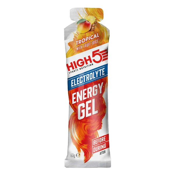 High5 Sports Nutrition Energy Gel Electrolyte Tropical 60g sachet, featuring tropical fruit juice, designed for rapid energy and hydration during exercise.