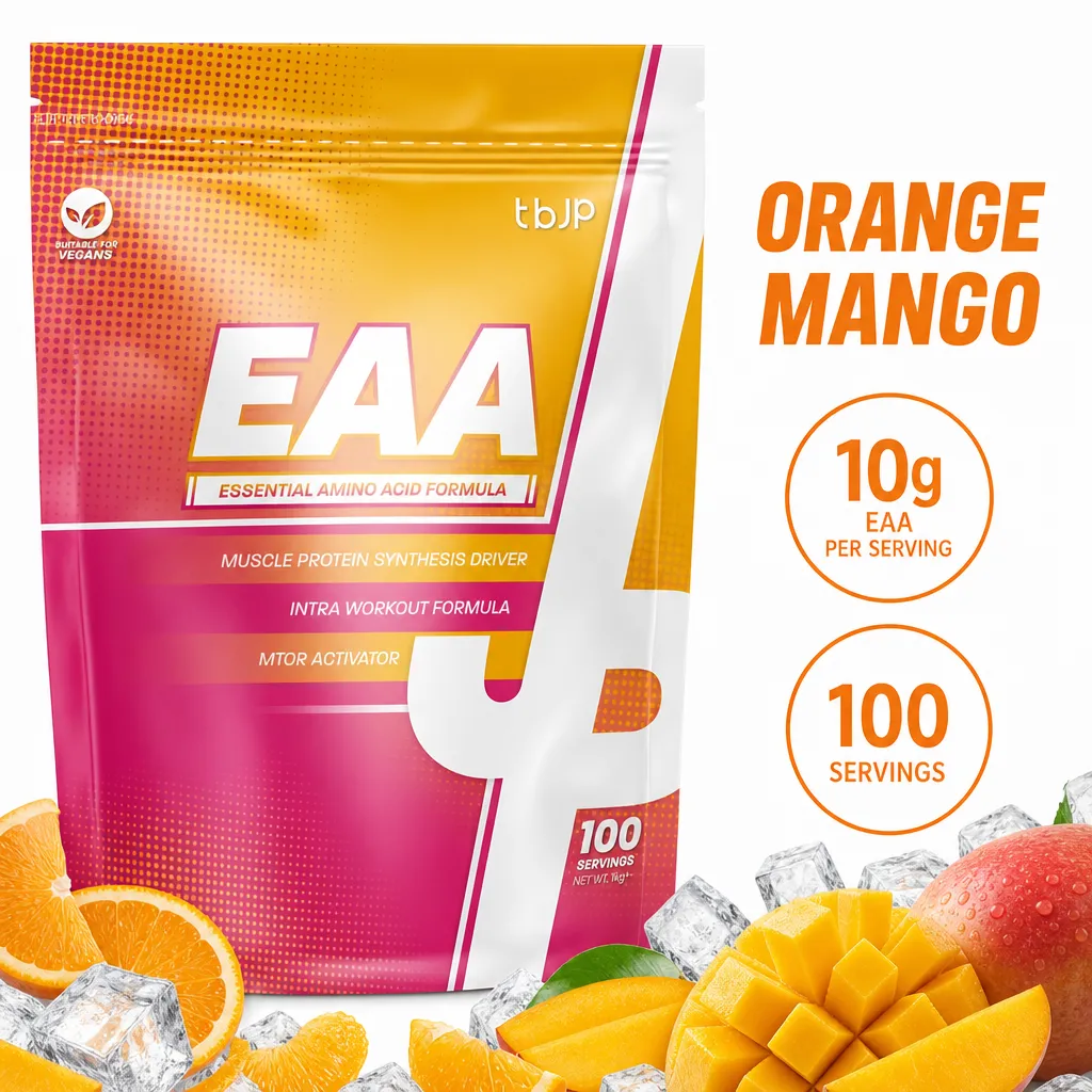 Trained by JP Nutrition EAA 1000g orange mango essential amino acid powder with 10g EAA per serving and 100 servings.
