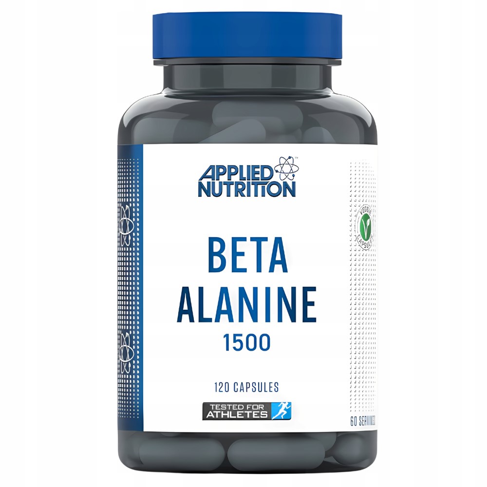 Applied Nutrition Beta Alanine 1500 120 capsules, a sports supplement for athletes, in a blue and white bottle with vegan-friendly marking.