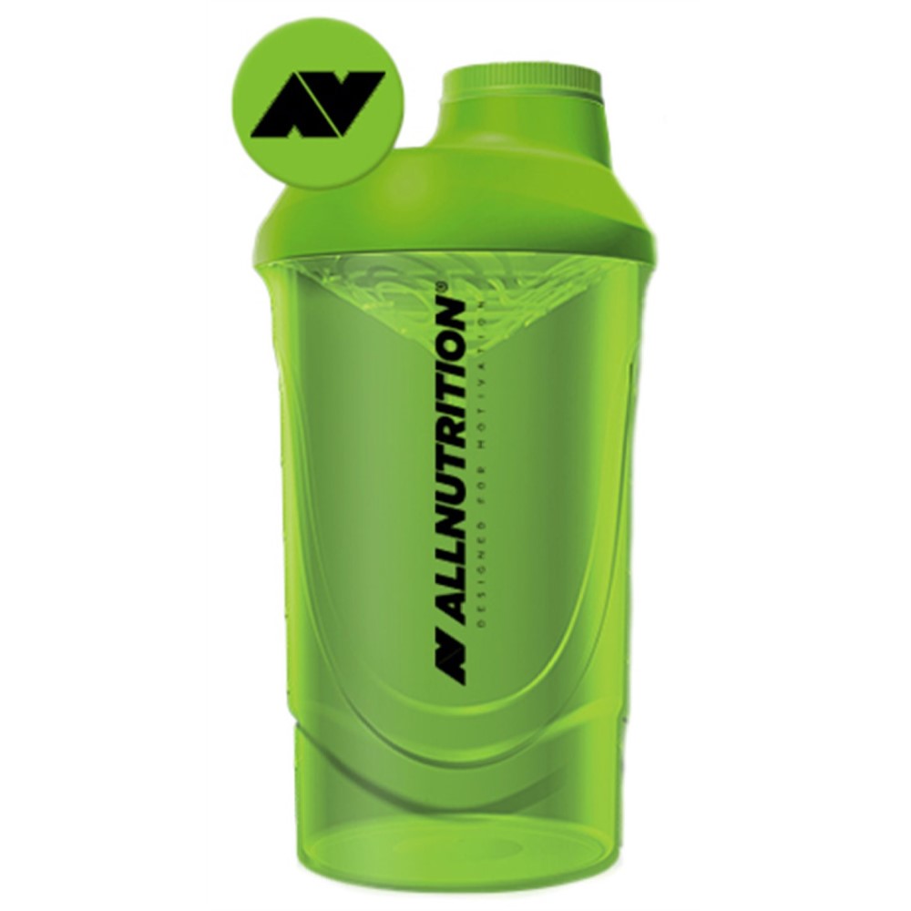 Allnutrition Shaker 600ml green protein shaker bottle with black logo, translucent green body, and screw-on lid, suitable for mixing supplements or protein drinks.