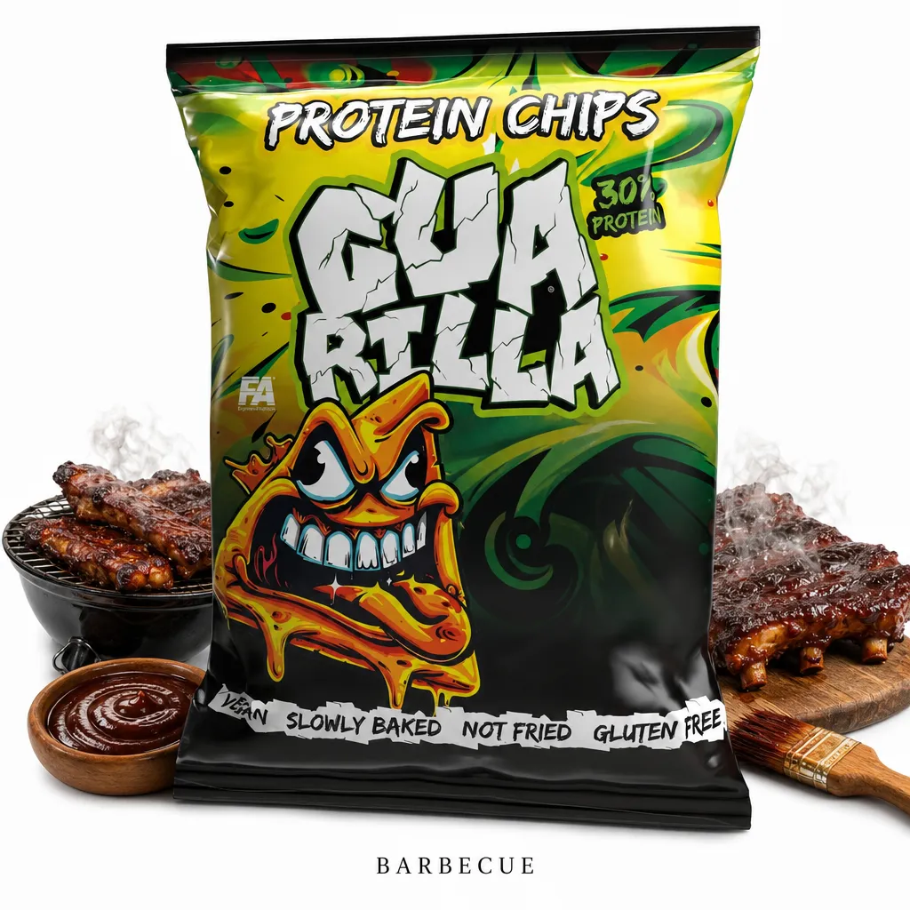 Guarilla Protein Chips 60g Barbecue flavor, vegan, high-protein, plant-based snack with bold barbecue taste, gluten-free and slowly baked for a crunchy texture.
