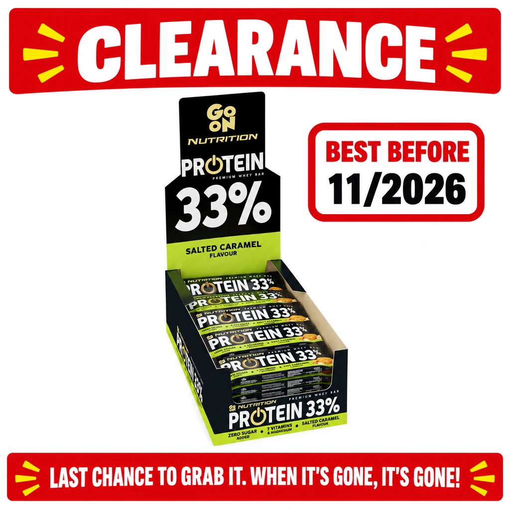 Go On Nutrition Protein Bar 33% in salted caramel flavour, 50 g bars in a box of 25 with black and lime-green packaging; best before 11/2026.