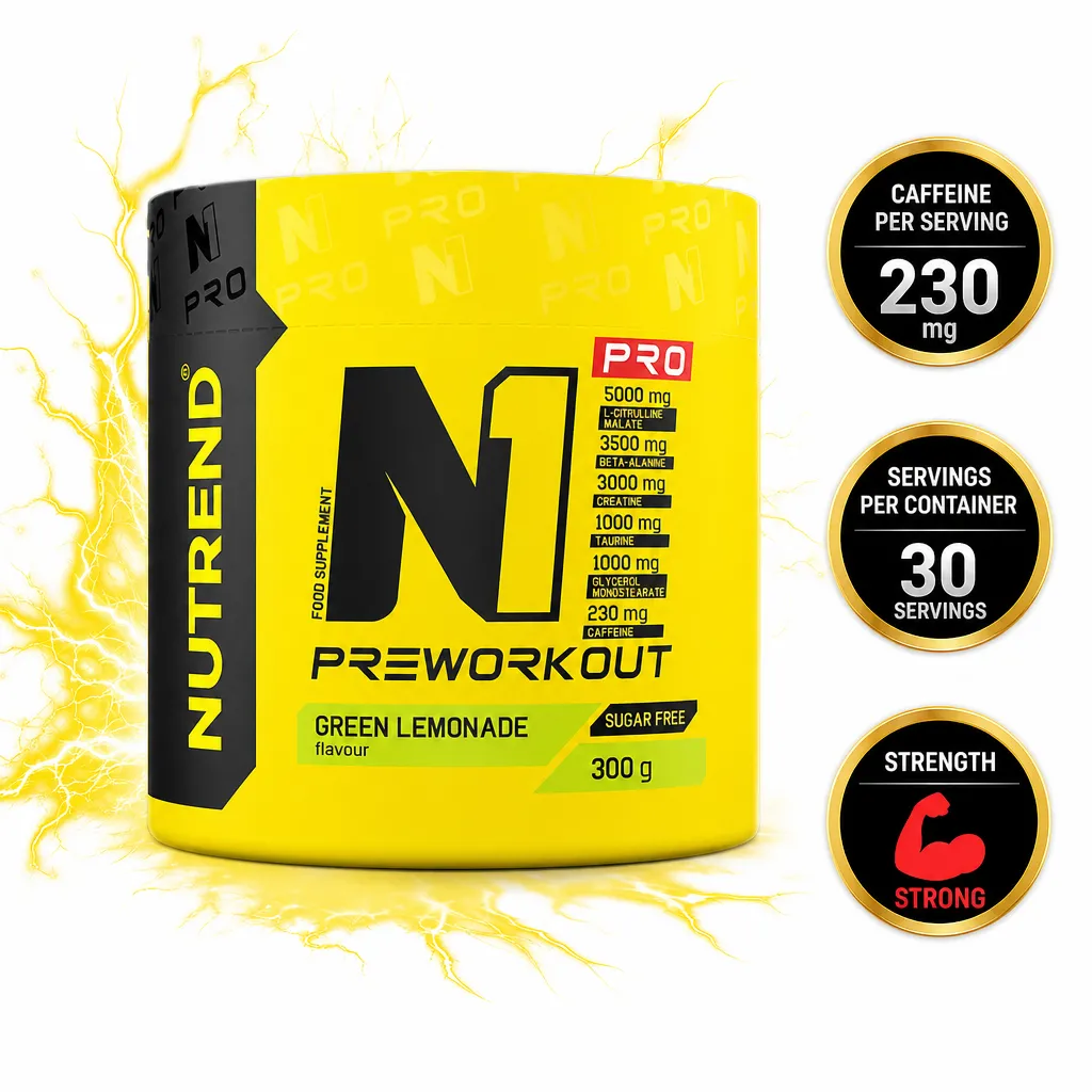 Nutrend N1 Pro Pre Workout powder, Green Lemonade flavour, 300 g tub with yellow and black packaging
