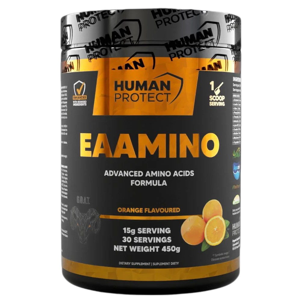 Human Protect EAAmino 450g essential amino acid supplement in a plastic tub with branded label and product details