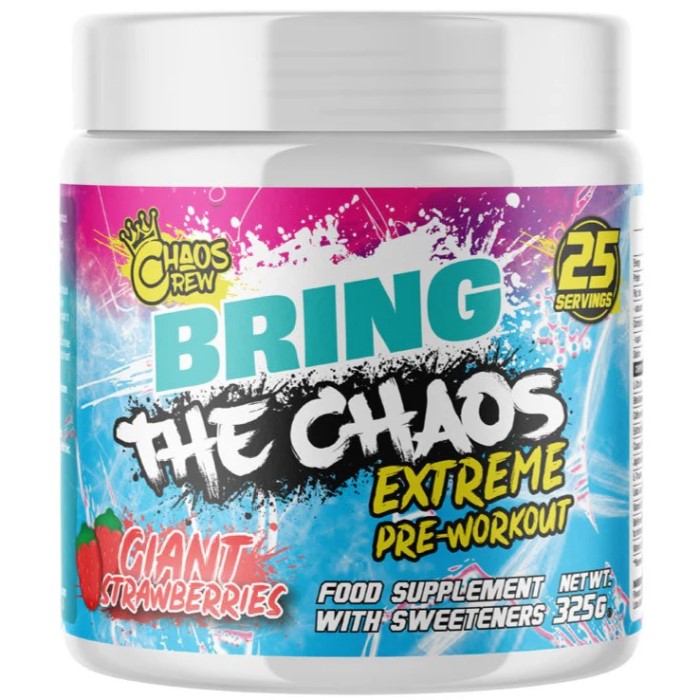 Chaos Crew Bring The Chaos Extreme Pre-workout in Giant Strawberries flavour, 325g tub, 25 servings, colourful label with pink and blue splashes.