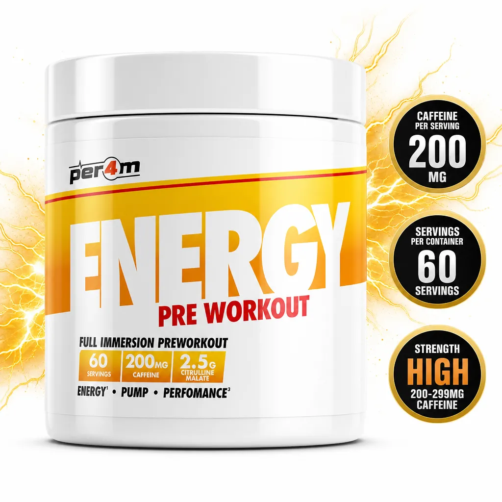 Per4m Energy Pre Workout 390g supplement powder, yellow and white tub with 60 servings, 200mg caffeine and 2.5g citrulline malate per serving
