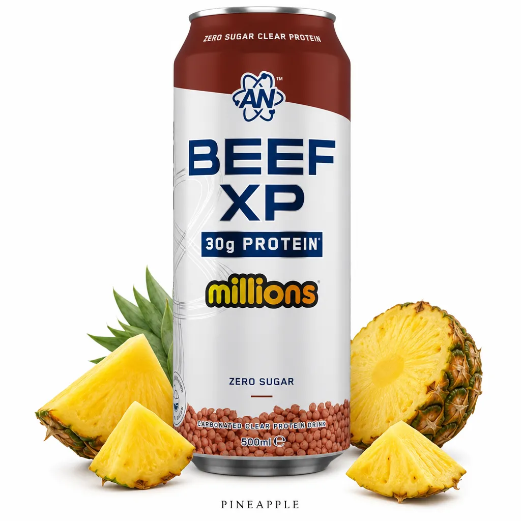 Applied Nutrition Beef-XP Can 500ml x4 pineapple is a zero sugar, dairy-free, hydrolyzed collagen protein drink with 30g protein per can and pineapple flavour.