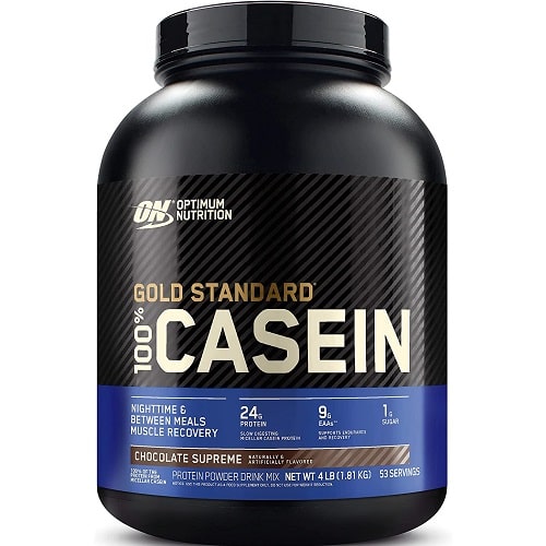 Optimum Nutrition Gold Standard 100% Casein 1820g Chocolate Supreme protein powder, a slow-digesting casein supplement for nighttime and between meals, in a black tub with gold and blue label.