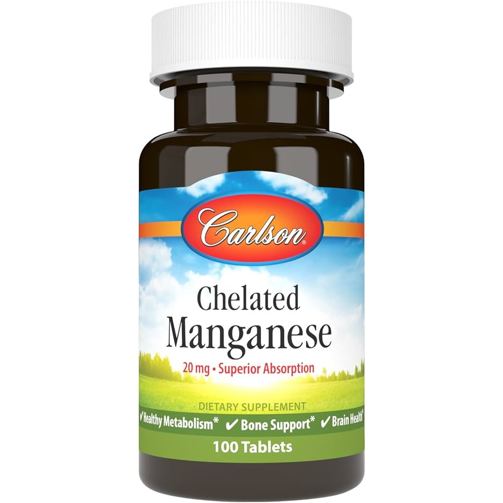 Carlson Labs Chelated Manganese 20mg 100 Tabs bottle with blue and white label, containing dietary supplement tablets