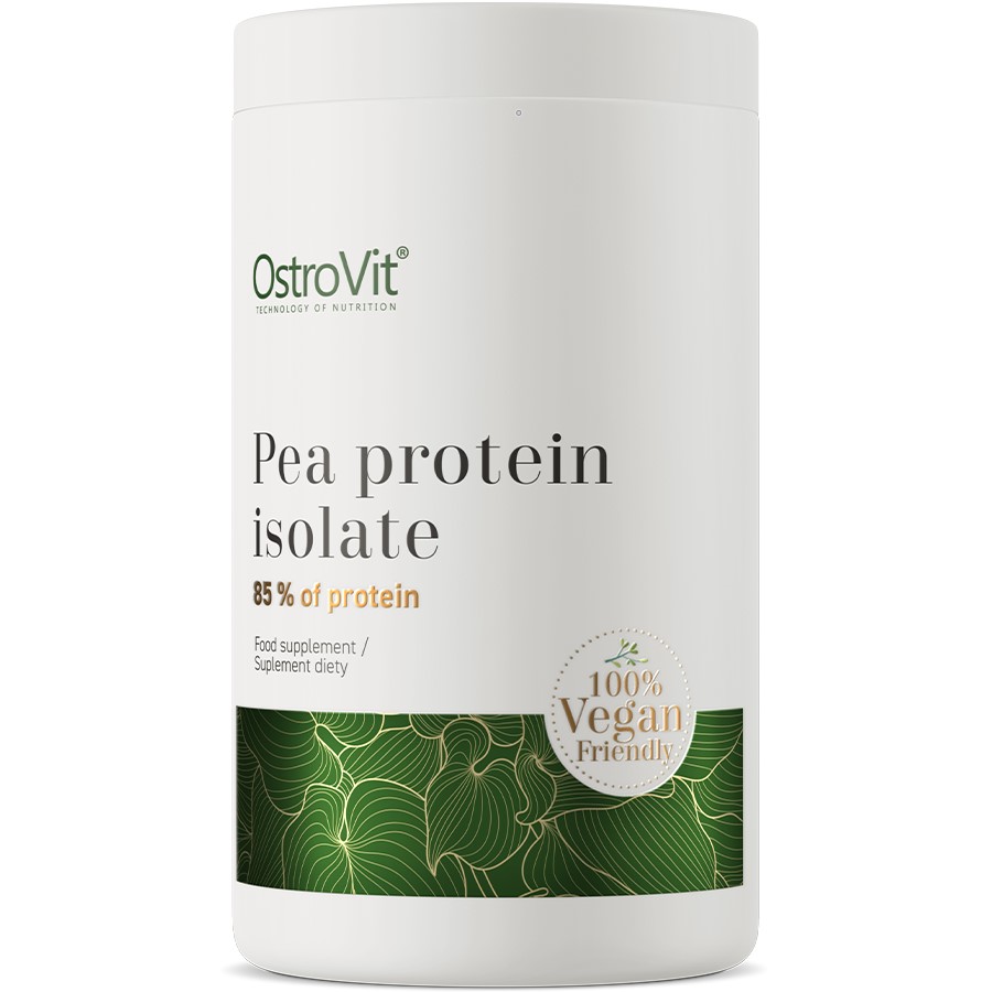 OstroVit Pea Protein Isolate 480g vegan-friendly protein supplement with 85% protein content, unflavoured, in a white and green container.