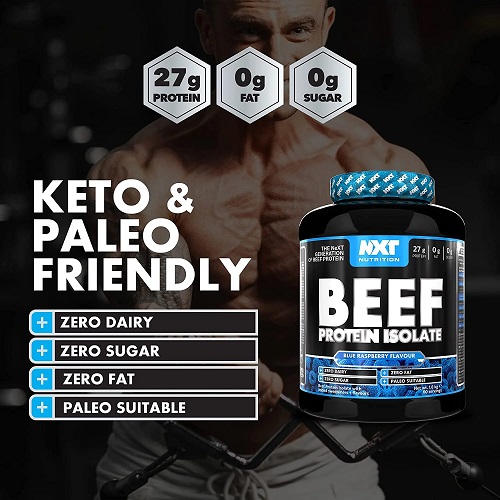 Close-up of NXT Nutrition Beef Protein Isolate 1800g label showing ingredients and supplement facts