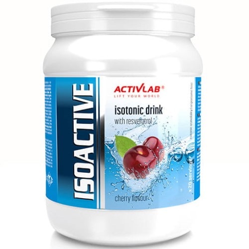ActivLab IsoActive isotonic drink with resveratrol, cherry flavour, 630g sports hydration powder in a white and blue container.