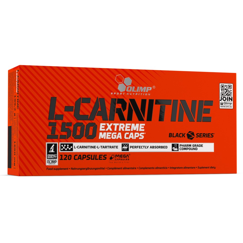 Olimp L-Carnitine 1500 Extreme 120 Caps bottle, black and yellow label, dietary supplement capsules