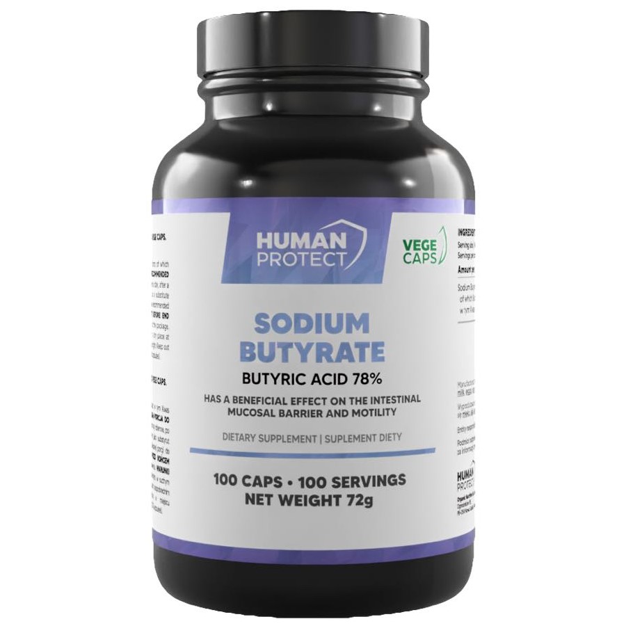 Human Protect Sodium Butyrate dietary supplement, 100 vege capsules with 78% butyric acid, supports intestinal mucosal barrier and motility, in a black and white bottle.