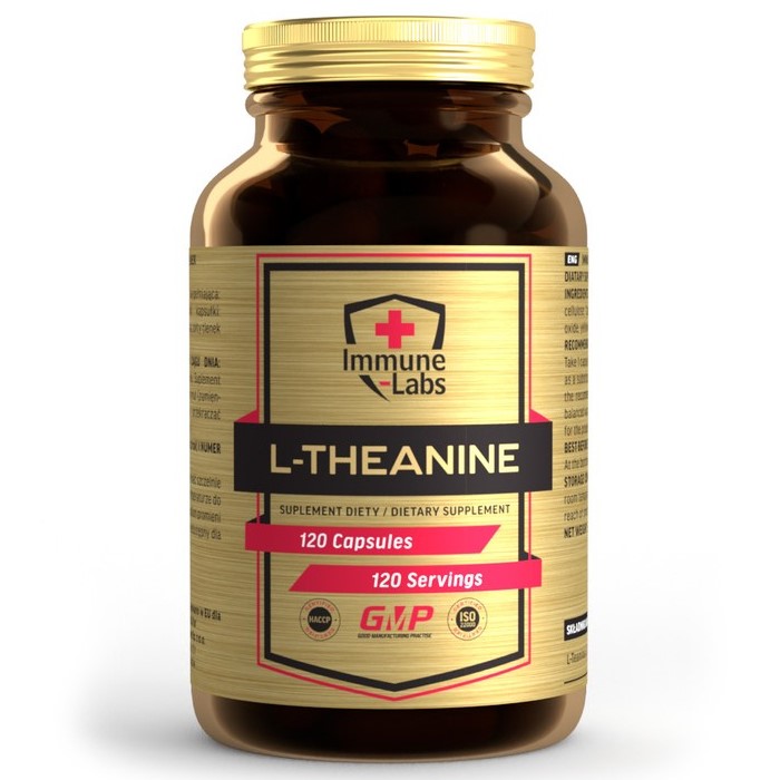 Immune Labs L-Theanine dietary supplement with 120 capsules, designed to support relaxation and focus, in a gold and brown bottle.