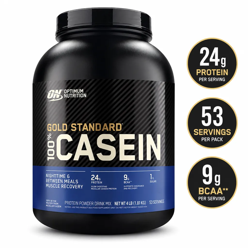 Optimum Nutrition Gold Standard 100% Casein 1820g slow-digesting casein protein powder in a black tub