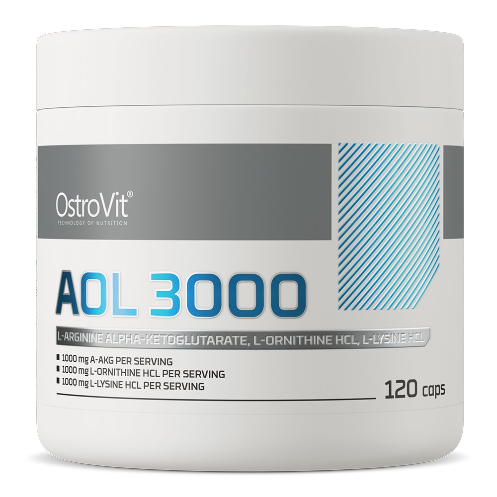 OstroVit AOL 3000 120 caps, a dietary supplement containing L-arginine alpha-ketoglutarate, L-ornithine HCL, and L-lysine HCL, in a white container with blue and grey accents.