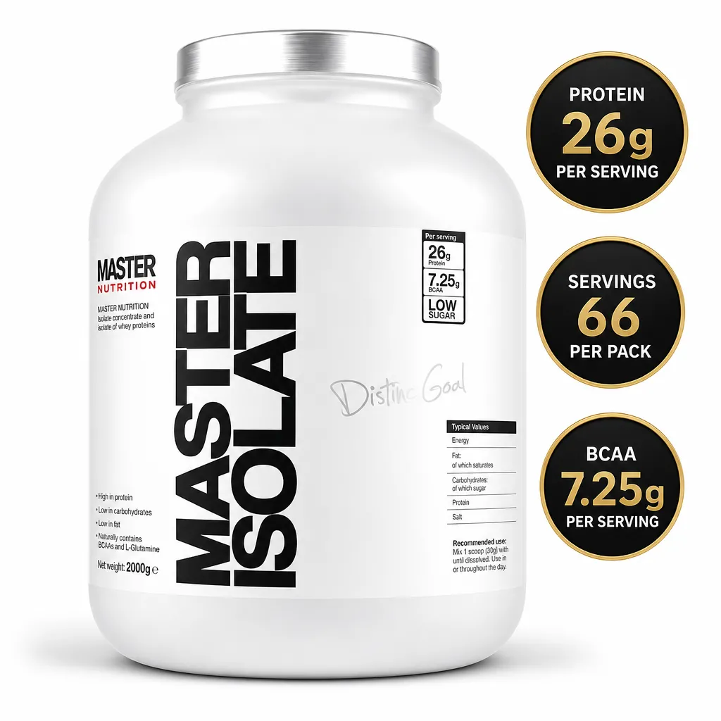 Master Nutrition Isolate 2000g whey protein isolate powder in a white tub, providing 26g protein and 66 servings per pack