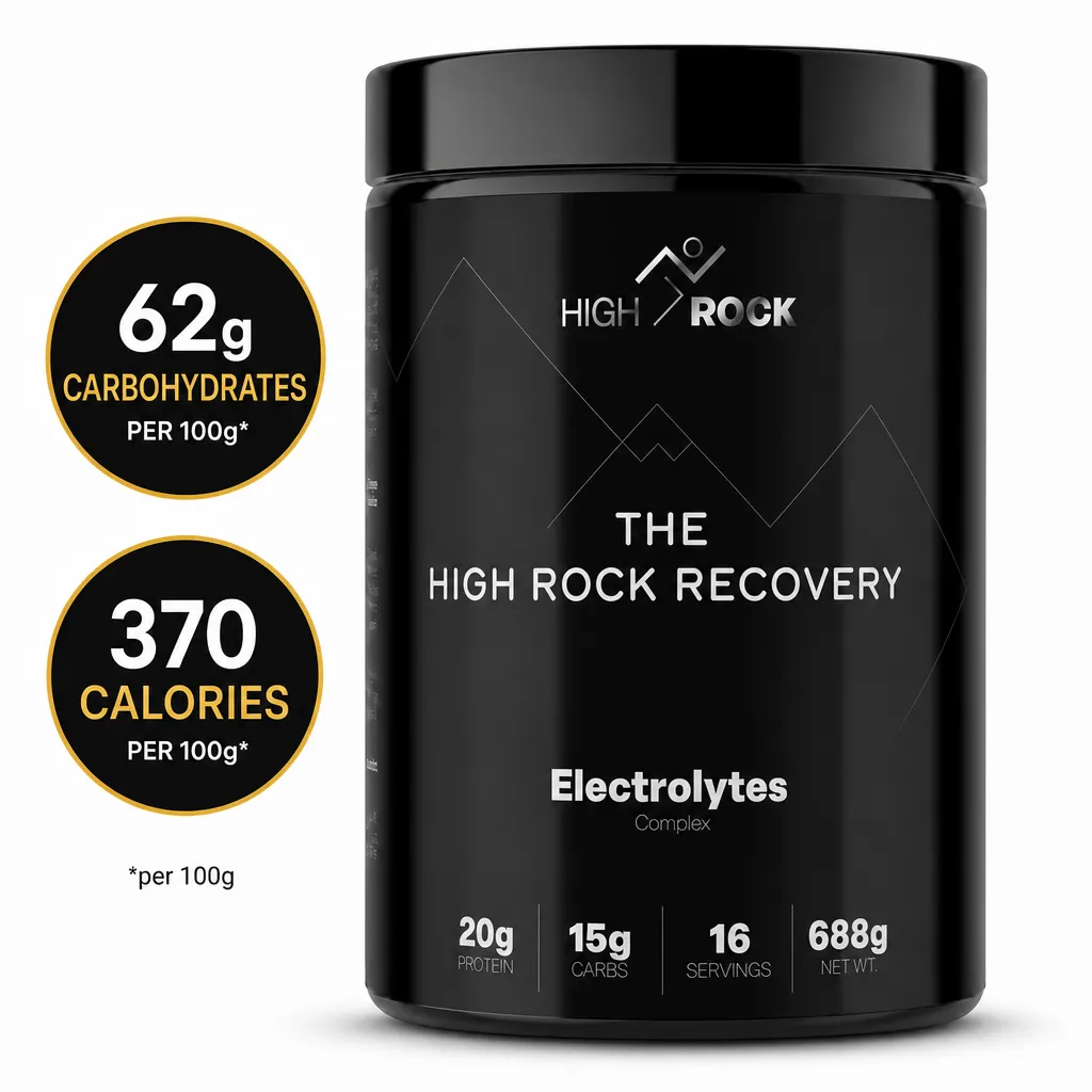 High Rock Recovery post-workout drink powder with electrolytes, 20g protein, 15g carbs and 16 servings in a black tub