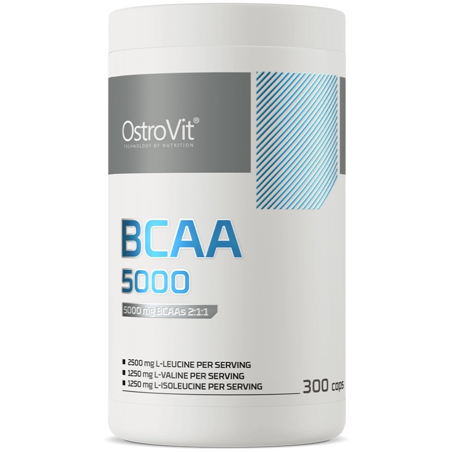 OstroVit BCAA 5000 300 caps branched-chain amino acid supplement with a 2:1:1 ratio, featuring L-leucine, L-valine, and L-isoleucine, in a white bottle with blue and grey accents.