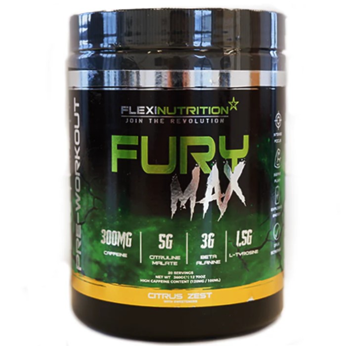 Flexi Nutrition Fury Max Pre Workout Citrus Zest, a high-caffeine pre-workout supplement with 300mg caffeine, 5g citrulline malate, 3g beta alanine, and 1.5g L-tyrosine per serving, in a black and green tub.