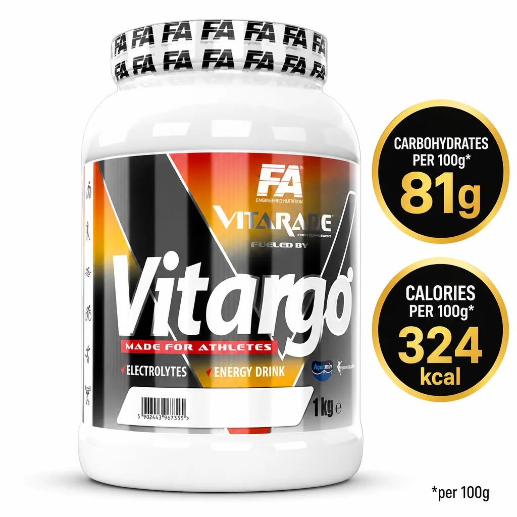 FA Nutrition Vitarade 1000g carbohydrate powder sports supplement in a white tub with electrolytes and energy drink formula