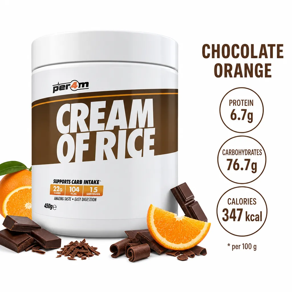 Per4m Cream of Rice 450g Chocolate Orange flavour, a gluten-free, vegan rice flour supplement for sustained energy, shown with chocolate pieces and orange slices.