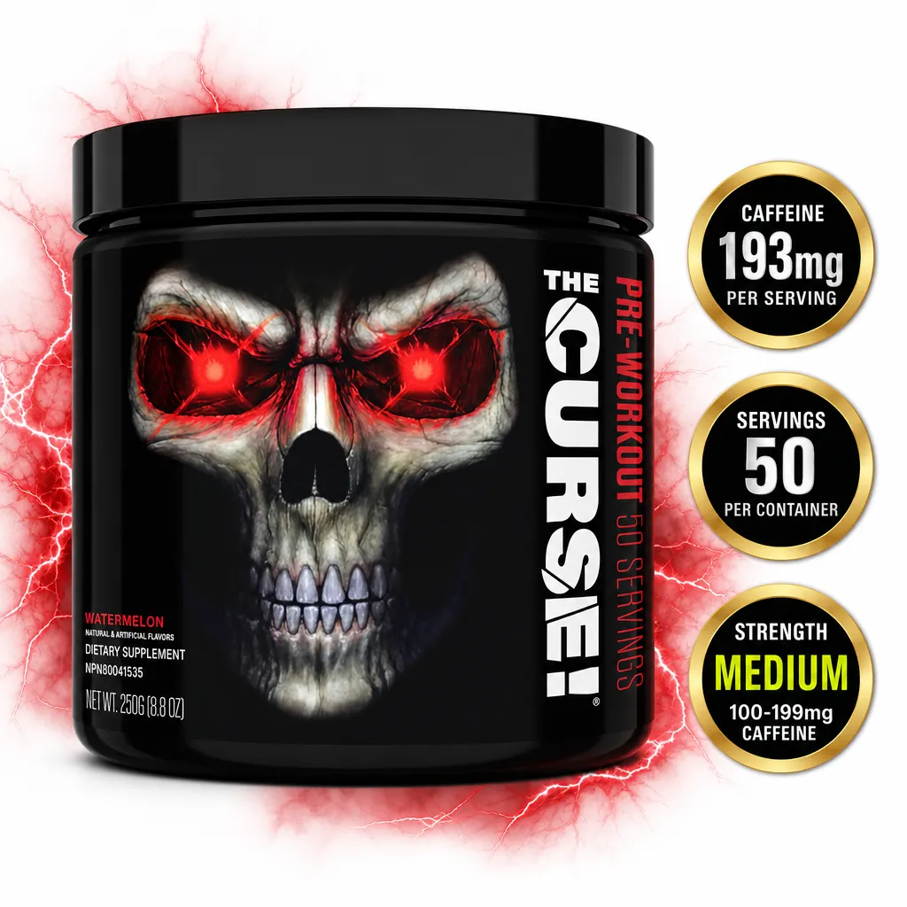 JNX Sports The Curse pre-workout supplement, watermelon flavour, 50 servings in a black 250g tub