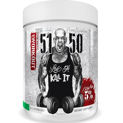 5% Nutrition 5150 Legendary Series pre-workout supplement, 30 servings, featuring high caffeine content and L-citrulline, in a white tub with a muscular figure on the label.