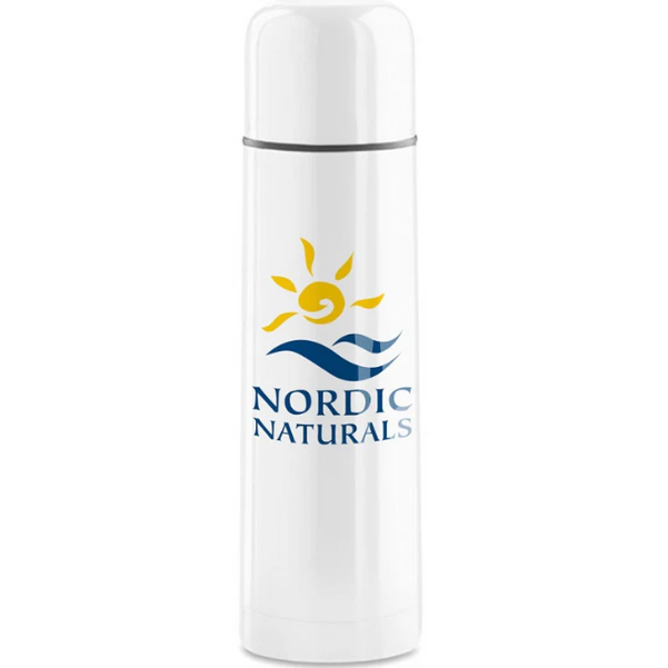 Nordic Naturals Stainless Steel Vacuum Flask 500ml, a white insulated bottle with a sun and wave logo, designed for keeping beverages hot or cold.