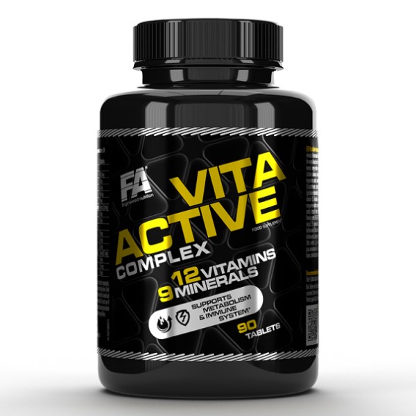 FA Nutrition Vita Active Complex is a multivitamin and mineral supplement containing 12 vitamins and 9 minerals, available in a black bottle with 90 tablets.