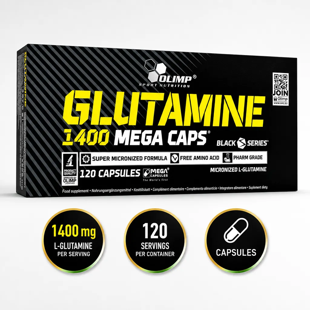 Olimp Glutamine 1400mg 120 Caps, black capsule-form L-glutamine amino acid supplement