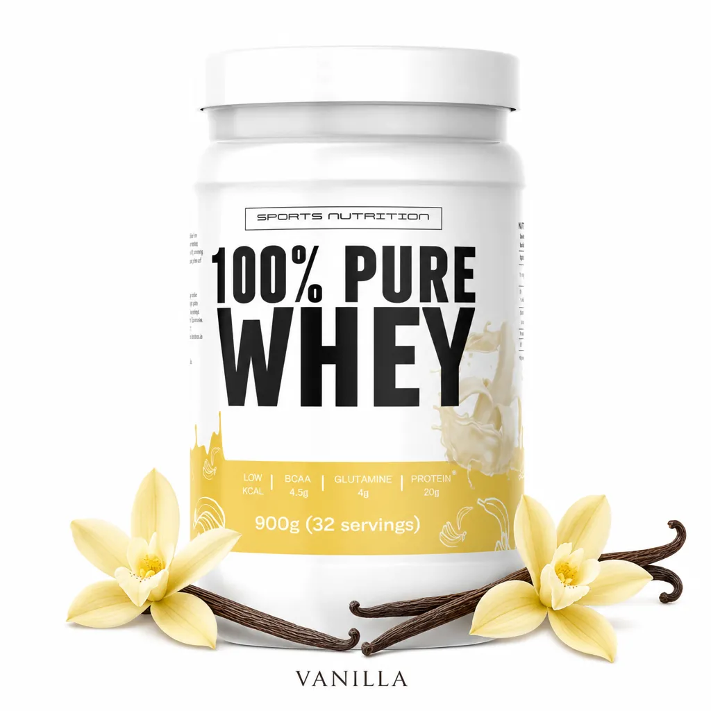 Sports Nutrition 100% Pure Whey 900g vanilla protein powder, featuring 20g protein per serving, BCAAs, and a creamy vanilla flavor for muscle recovery.