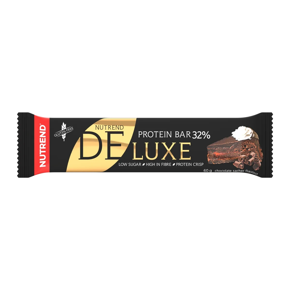 Nutrend Deluxe Protein Bar, 60g chocolate Sacher flavour protein snack with chocolate coating and layered cake design