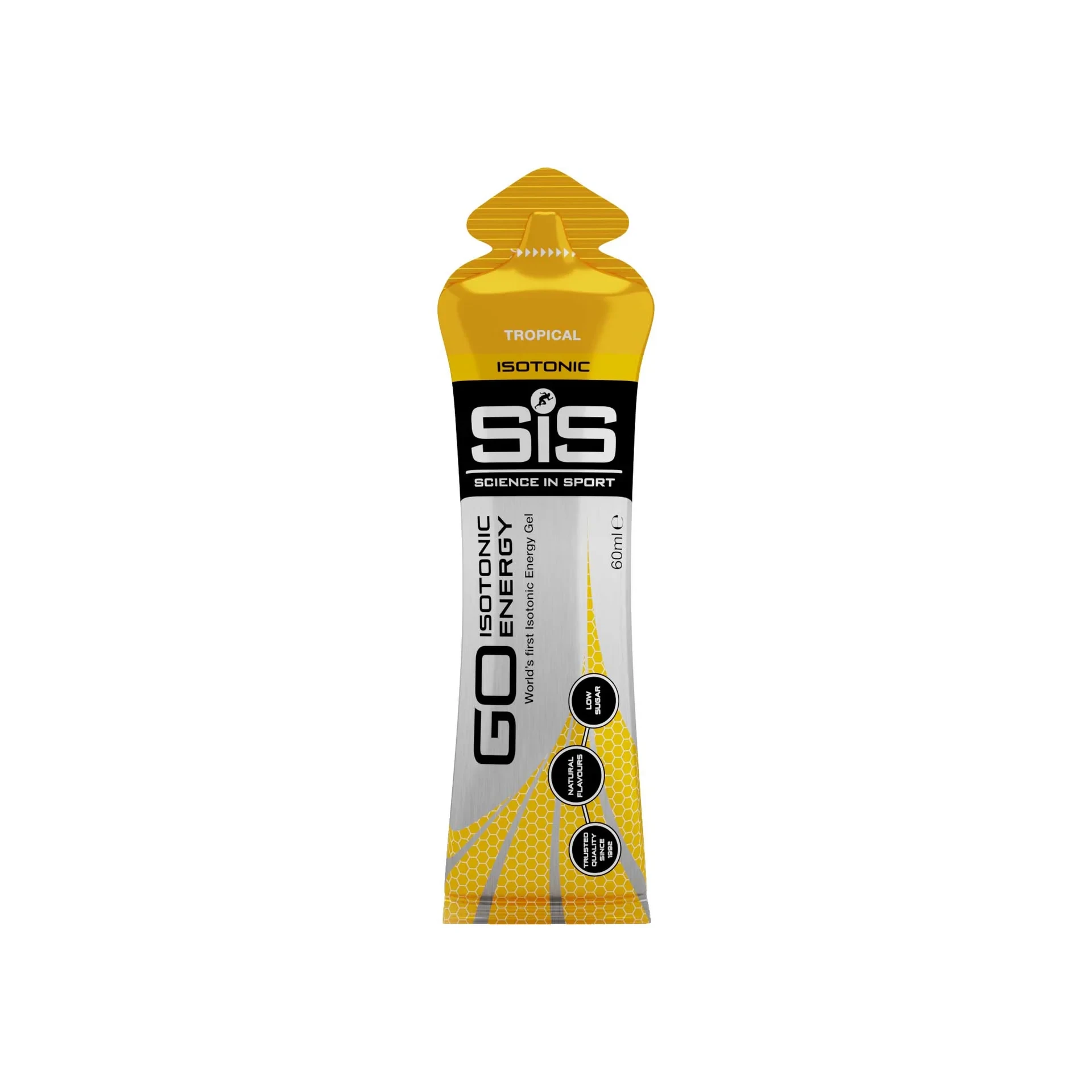 SiS GO Isotonic Energy Gel 60ml Tropical by Science in Sport, a single-serve sports nutrition gel in tropical flavour, designed for rapid energy during endurance activities.