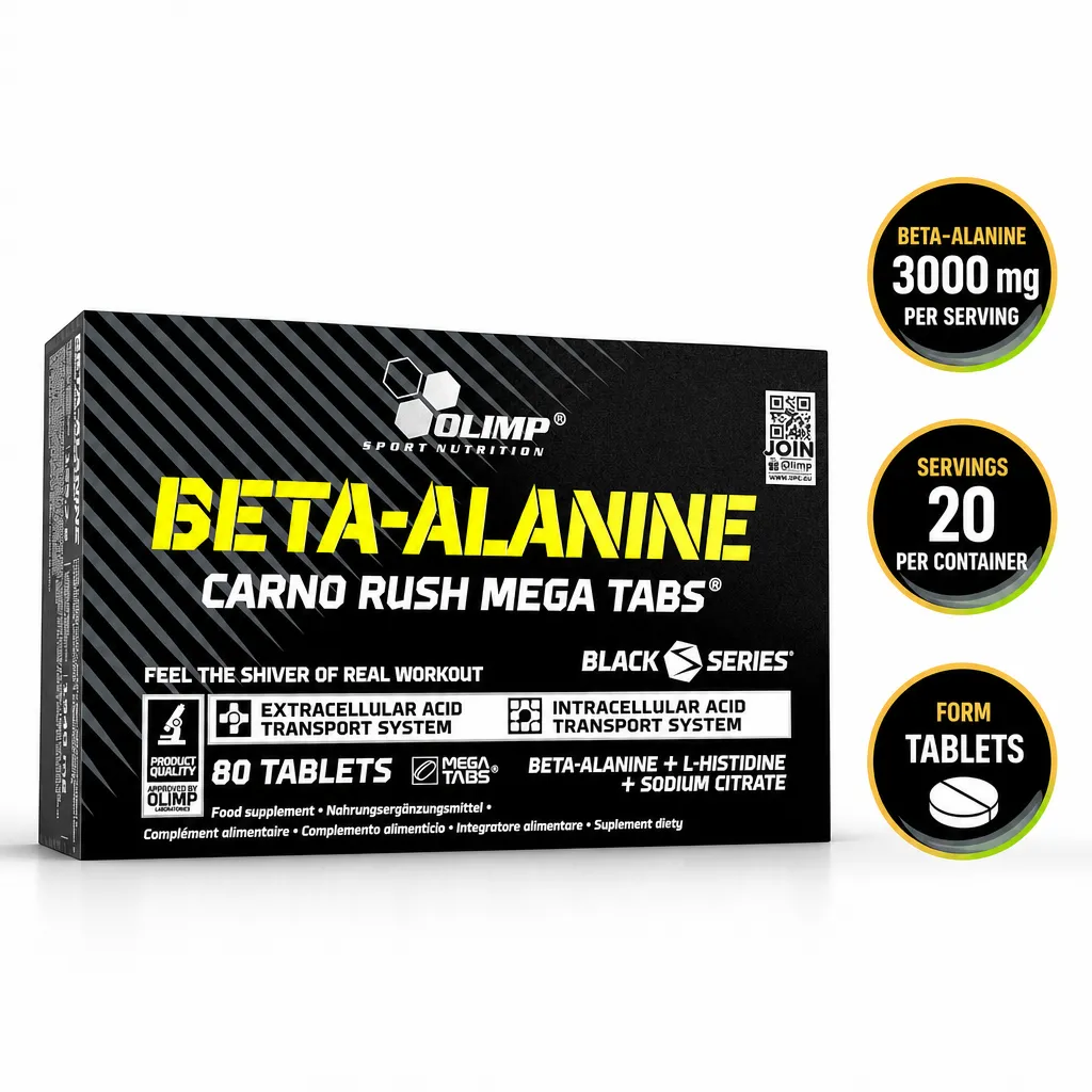 Olimp Beta-Alanine Carno Rush Mega Tabs sports supplement with 80 tablets, beta-alanine and L-histidine formula in a black box
