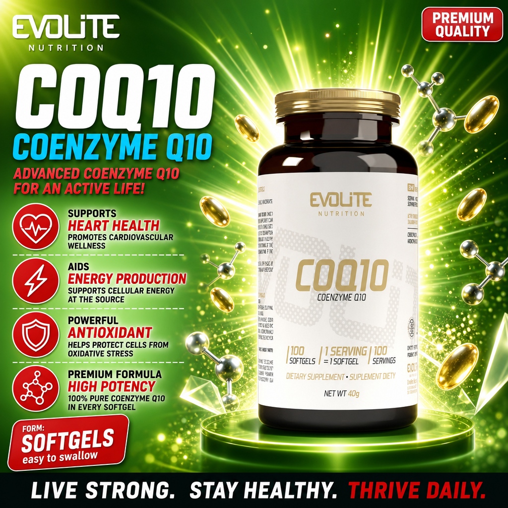 Evolite Coenzyme Q10 100 softgels dietary supplement, high potency coenzyme Q10 in easy-to-swallow softgel form, supports heart health and energy production.