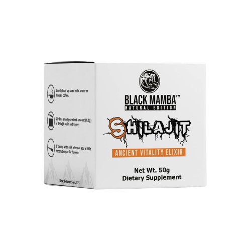 Black Mamba Shilajit Ancient Vitality Elixir 50g dietary supplement, natural resin form, white packaging with black and orange text.
