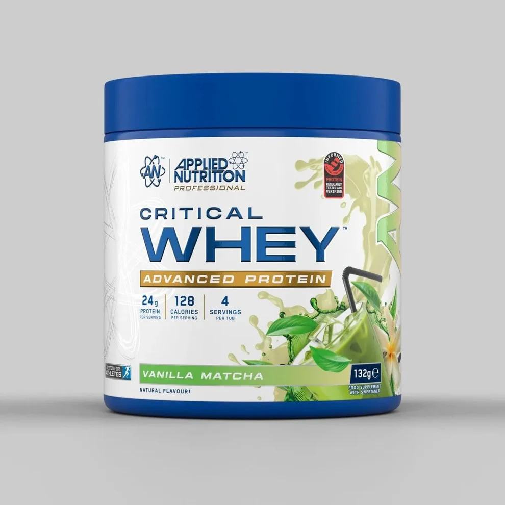 Applied Nutrition Critical Whey 4 Servings pouch, blue and white packaging with product branding and key features