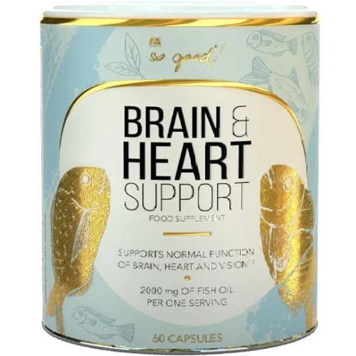 FA So Good! Brain & Heart Support 60 Capsules food supplement with 2000 mg of fish oil per serving, designed to support normal function of brain, heart, and vision. The packaging is light blue with gold fish illustrations.