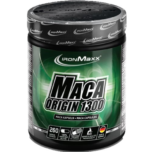 IronMaxx Maca Origin 1300 maca capsules supplement, 260 count, in a green and black container, designed to support vitality and performance.