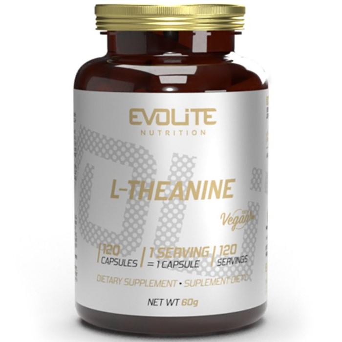 Evolite L-Theanine vegan dietary supplement with 120 capsules, each serving is 1 capsule, net weight 60g, in a brown bottle with a gold lid.