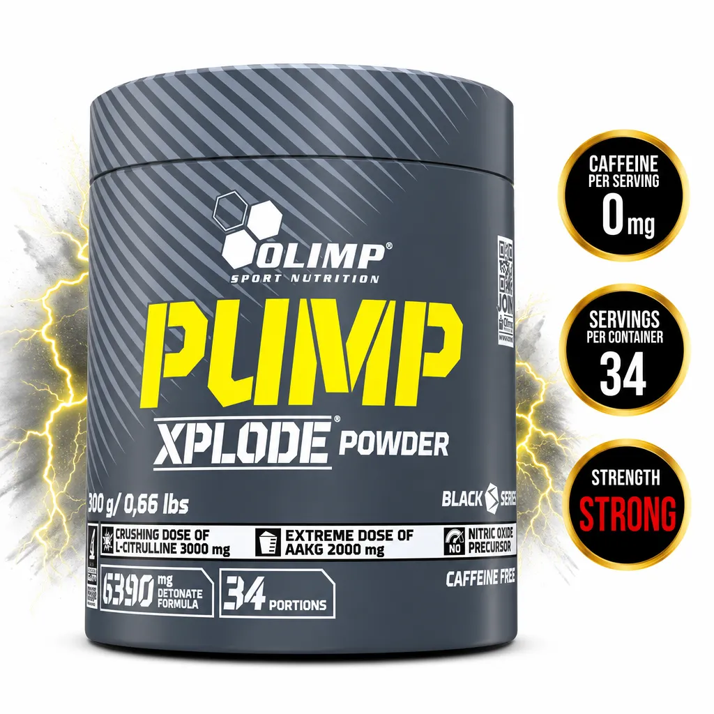 Olimp Pump Xplode Powder caffeine-free pre-workout supplement, 300g black powder tub with 34 servings