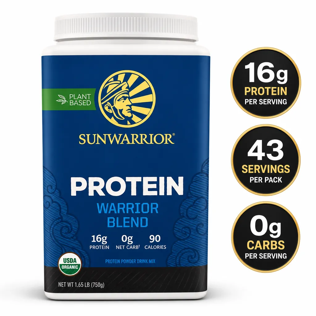 Sunwarrior Protein Warrior Blend Organic plant-based protein powder, 750g tub with 16g protein per serving and USDA Organic label