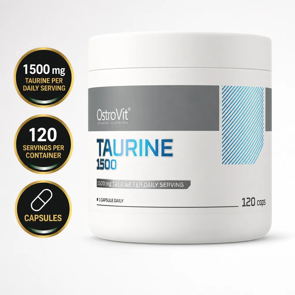 OstroVit Taurine 1500 amino acid supplement in capsule form, with 1500 mg taurine per serving and 120 capsules