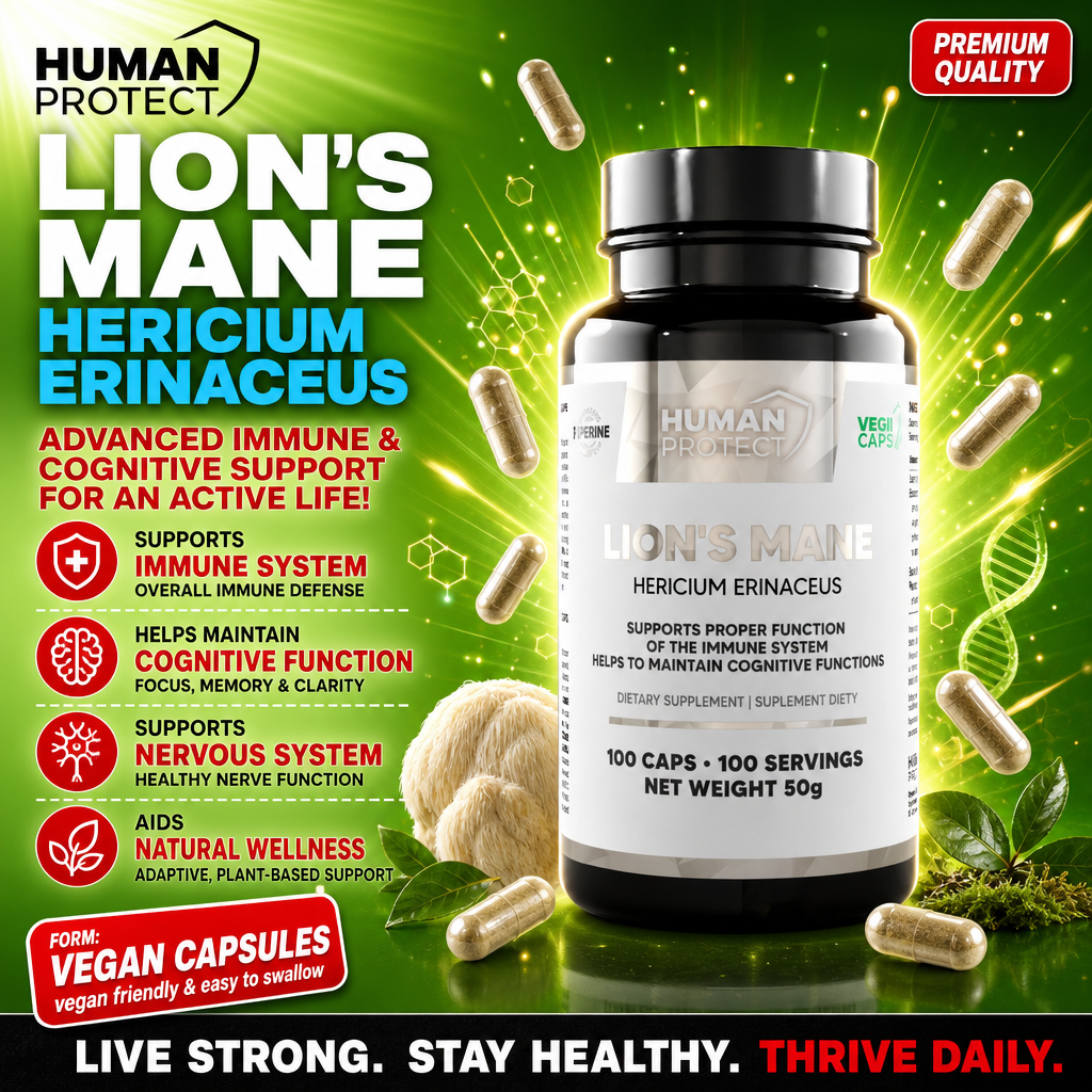 Human Protect Lion's Mane Hericium Erinaceus dietary supplement, 100 vegan capsules, supports immune and cognitive function, black and white bottle with green-themed background.