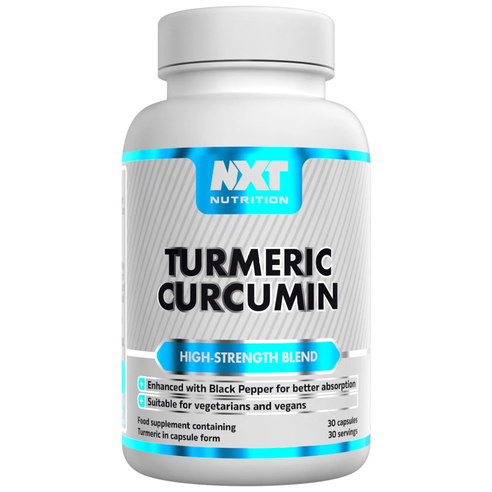 NXT Nutrition Turmeric Curcumin 30 Caps bottle with yellow and black label, containing 30 vegan capsules