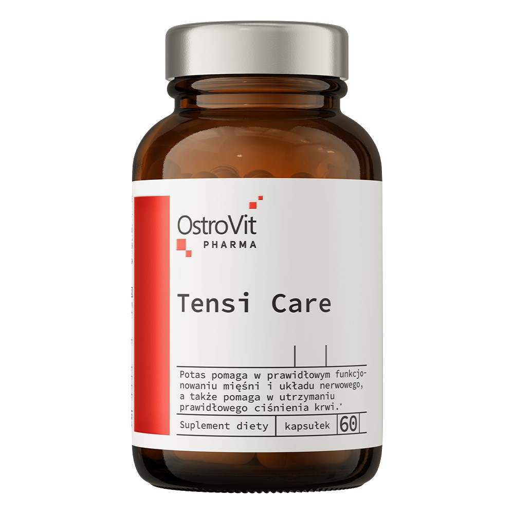 OstroVit Pharma Tensi Care dietary supplement, 60 capsules, designed to support normal muscle and nervous system function and help maintain normal blood pressure. Amber glass bottle with a white and red label.